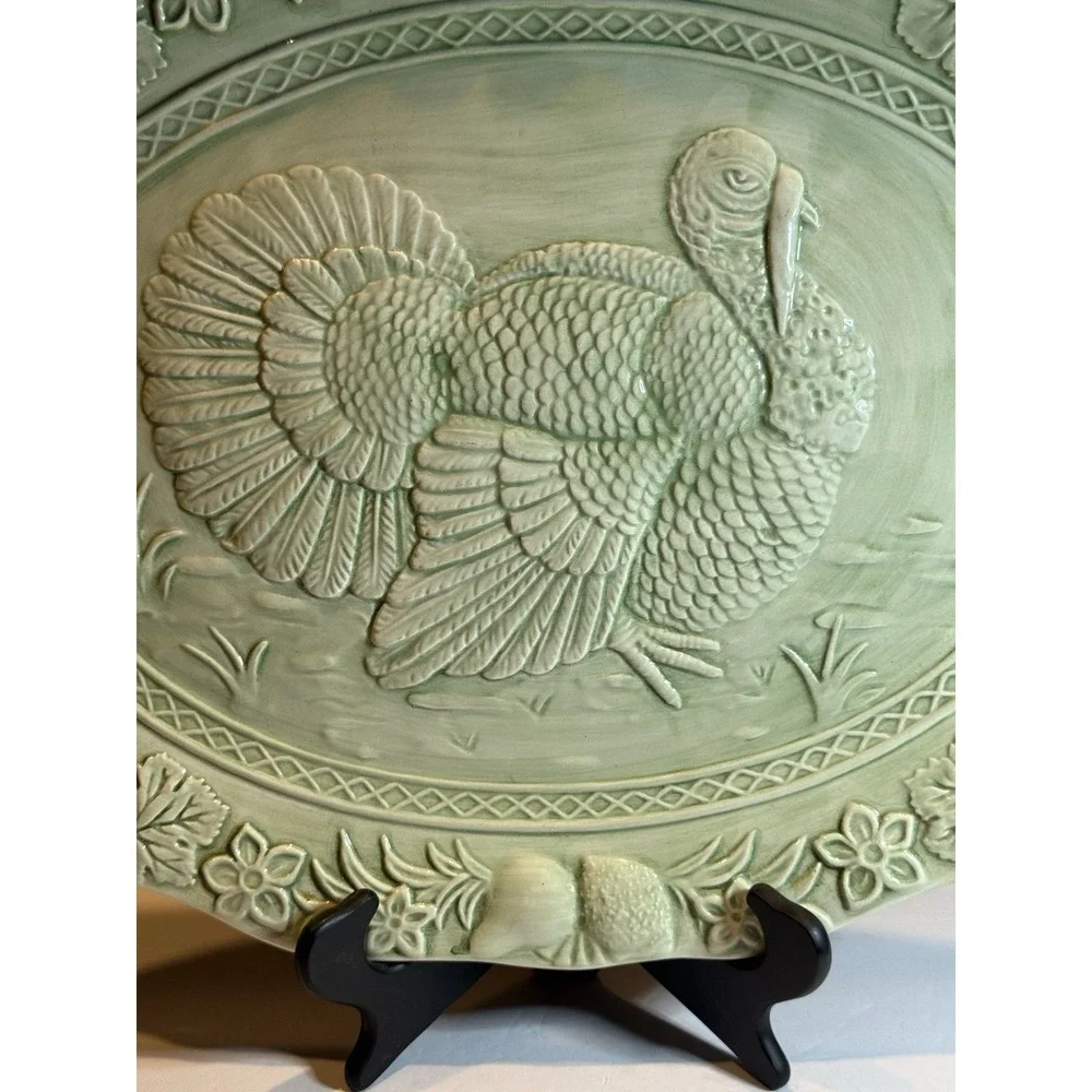 Turkey Embossed Oval Serving Platter Sage Green Portugal 19